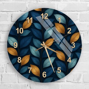 Reloj de pared de vidrio templado con diseño de hoja de oro azul marino, moderno, para oficina, silencioso, regalo único para el hogar, sala de estar, dormitorio, estudio, lujo contemporáneo, 20 pulgadas