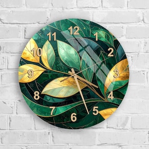 Tempered Glass Emerald Gold Leaf Wall Clock Elegant Modern Decor Silent Unique Home Gift Dining Room Kitchen Office Luxurious Nature Art