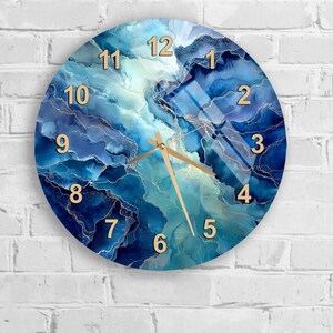 Tempered Glass Wall Clock, Blue Marble Abstract Art, Modern Style, Decorative Home Clock, Unique Wall Decor