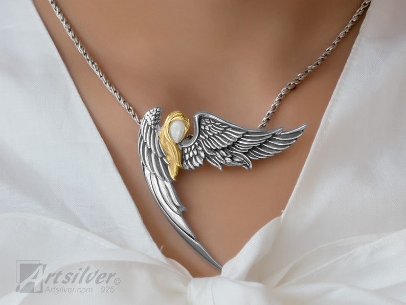 Winged Angel Pendant. Silver Contemporary Angel Wing Pendant. Silver Fairy Cherub Pendant. Winged Fairy Angel Jewelry Pendant. KS116 image 3