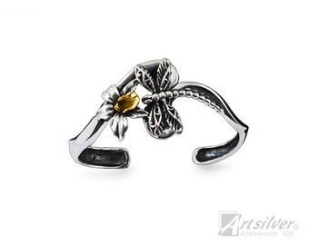 Feminine Woman's Adjustable Floral Orchid and Dragonfly Gold Overlay Cuff Bracelet -KS724