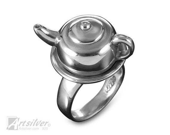 Teapot Ring. Sterling Silver Tea Party Jewelry Ring for Tea