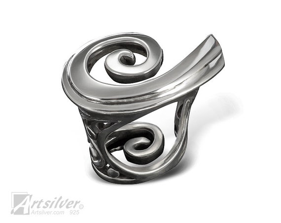 Unique Design Curled Swirl Ring. Handmade Solid Sterling Silver Women's Ring - KS159s