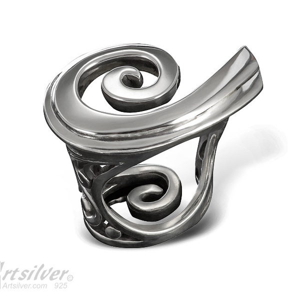 Unique Design Curled Swirl Ring. Handmade Solid Sterling Silver Women's Ring - KS159s