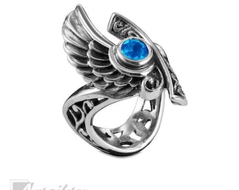 Woman's Sterling Silver Ring with Angel Wing Design and Blue Topaz Stone-KS281