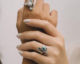 Anillo de plata fina con bisagras / Diseño Art Nouveau único para nudillos más grandes