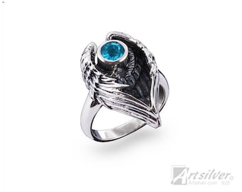 Anillo de ala de ángel / Plata de ley con topacio azul / Joyería femenina con filigrana de plumas