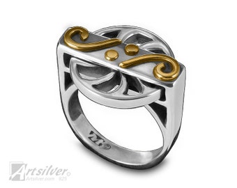 Wheel Motion Ring. Spinner Ring in Solid Sterling Silver with 18 Karat Yellow Gold Plated Details - KS160spg