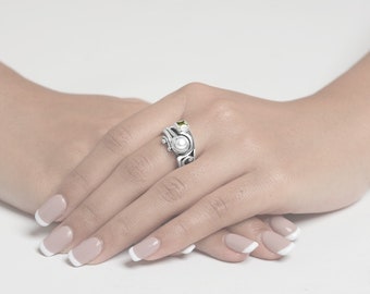 Anillo expandible de plata / Banda de filigrana con bisagras para mujer en plata de ley con amatista y perla blanca