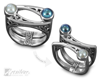 Unique Silver Pearl Ring. Transformable Silver Ring with Freshwater White Pearl and Fresh Water Black Pearl  - KS463s