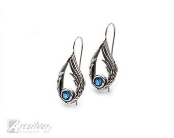 Angel Wing Earrings | Sterling Silver Blue Topaz Dangle | Memorial Feather Jewelry Gift
