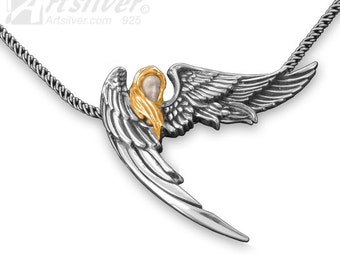 Colgante de ala de ángel / Plata de ley con oro de 18 quilates / Regalo conmemorativo de condolencia / Cara de asta de ciervo