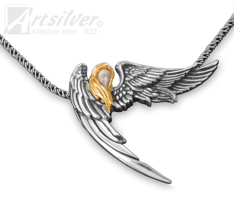 Winged Angel Pendant. Silver Contemporary Angel Wing Pendant. Silver Fairy Cherub Pendant. Winged Fairy Angel Jewelry Pendant. KS116 image 1