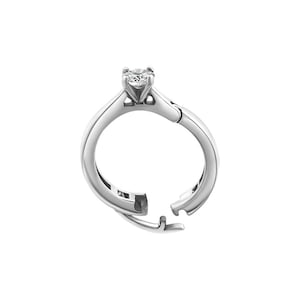 May include: A silver engagement ring with a single round diamond set in a prong setting. The ring is open on one side, allowing it to be easily put on and taken off.