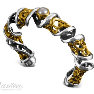Silver Cuff Bracelet. Twisted Cuff Bracelet. Solid Sterling Silver White Pearl Cuff Bracelet - KS308s
