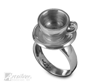 Teacup Jewelry Ring. Unique Sterling Silver Tea Cup Spinner Ring for Tea Lovers - KS168