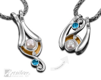 Sterling Silver Pendant. Unique Pendant That Transforms, With 18K Gold Overlay Set White Pearl, Blue Topaz, Garnet Birth Stone - KS471spg