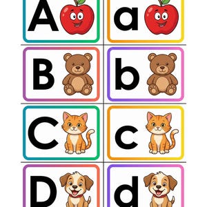 May include: Educational flashcards featuring the alphabet. Each card displays a letter, both uppercase and lowercase, alongside a corresponding cartoon image: an apple, a teddy bear, a cat, and a puppy. The cards have colorful borders.
