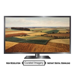 Peut inclure: Un téléviseur à écran plat affiche une peinture de paysage de champs colorés et d'arbres sous un ciel nuageux. Le téléviseur a un cadre noir et un pied argenté. Le texte en bas indique "Haute résolution", "Imagerie sélectionnée" et "Téléchargement numérique instantané".