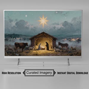 Peut inclure: Une impression numérique d'une scène de la Nativité, avec une étable, des personnages, des animaux et une étoile brillante. L'œuvre est placée sur un fond de ciel nocturne et d'une ville lointaine. Les mots "Haute Résolution", "Curated Imagery" et "Téléchargement Numérique Instantané" sont affichés.
