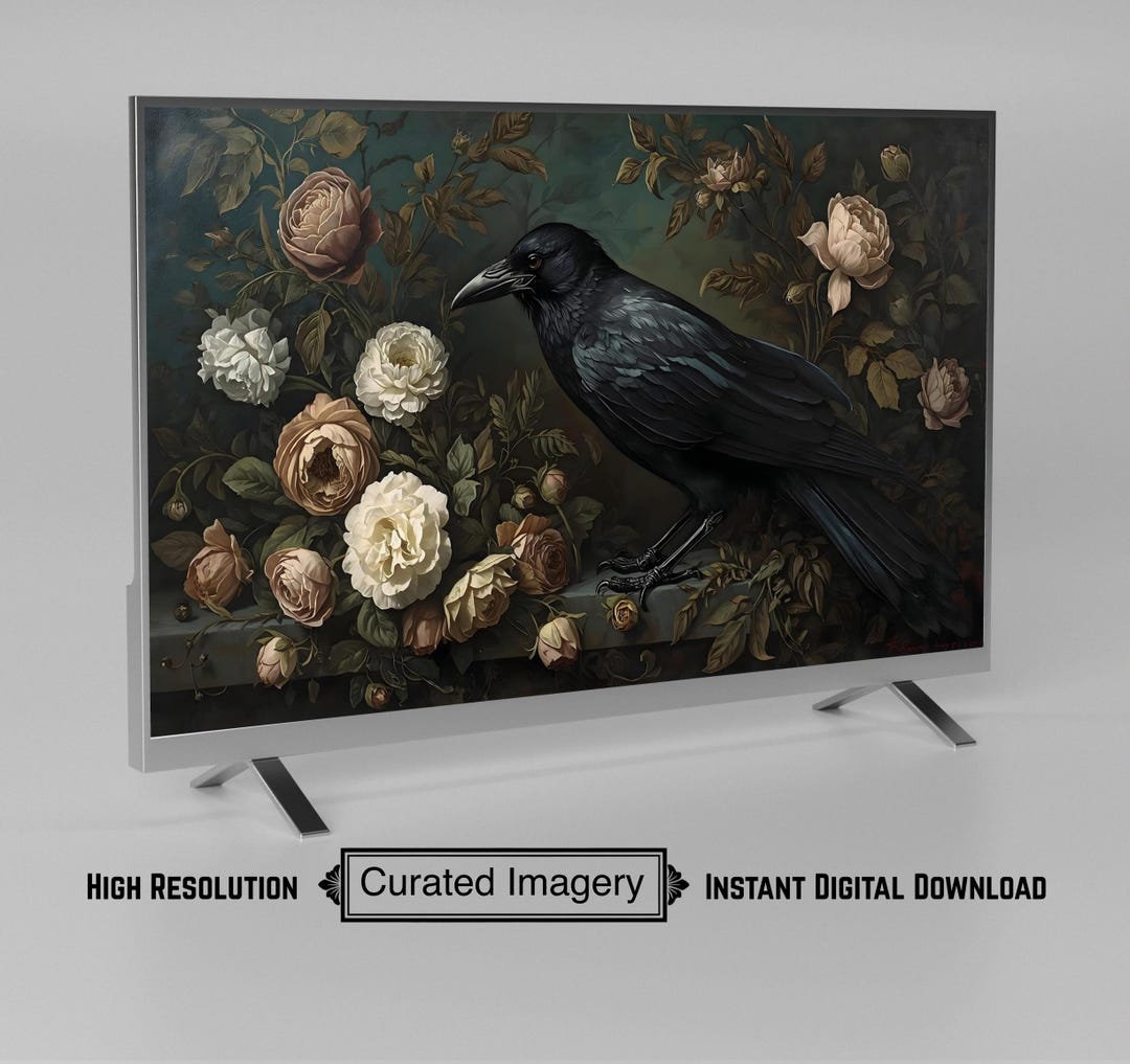Crow and Roses Frame TV Art, Gothic Nature, Halloween Floral, Samsung ...