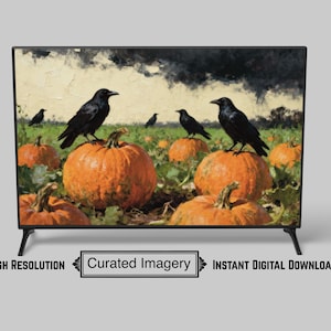 May include: A digital art print of a field of orange pumpkins with black crows perched on top. The artwork has a vintage, painterly style. The text on the bottom reads "High Resolution", "Curated Imagery", and "Instant Digital Download".