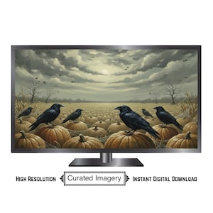Può includere: Un'opera d'arte digitale visualizzata su uno schermo televisivo. L'immagine raffigura corvi neri appollaiati su zucche in un campo sotto un cielo nuvoloso. Le parole "High Resolution", "Curated Imagery" e "Instant Digital Download" sono sotto.