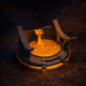 May include: A detailed, miniature model of a golden altar with a textured surface. The altar is surrounded by a dark gray and gold structure with arched supports. The overall design suggests a fantasy or role-playing game theme.