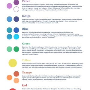May include: A detailed chart titled "Chromotherapy" with colour-coded circles and descriptions. Colours include violet, indigo, blue, green, yellow, orange, and red, each associated with a chakra and its benefits.