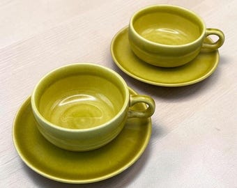 Vintage Russel Wright groene Steubenville chartreuse espressokopjes en schoteltjes set 2