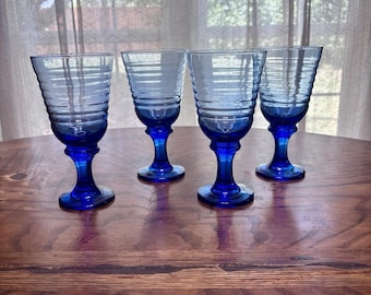 Vintage Libbey Sirrus lichtblauwe geribbelde water- en wijnglazen set van 4