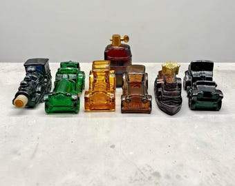 Vintage Avon verzamelbare glazen autootjes, aftershave en eau de cologne, set van 7