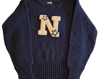 Vintage jaren 50 Letterman trui, marineblauw, zwaar gebreid, chenille, letter N, herenmaat S