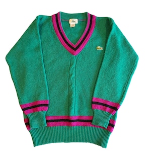 Vintage Izod Lacoste Shetland Wool V Neck Cricket Sweater Green Pink Italy M