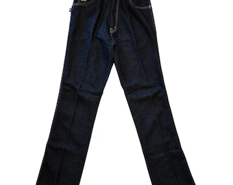 Vintage Longstreet jeans met hoge taille, donkere wassing en uitlopende pijpen, taille 25