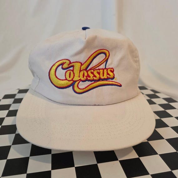 Vintage Six Flags Colossus Roller Coaster Snapback Hat White Theme Park Cap