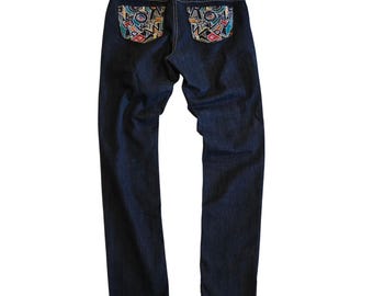 Vintage Rocawear Graffiti Embroidered Jeans Women 11 Dark Wash Skinny Y2K HipHop