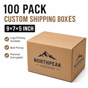 以下が含まれることがあります： 側面に黒いNorthpeak Outdoorsのロゴが印刷された茶色の段ボール製配送ボックス。テキストには「100 Pack Custom Shipping Boxes 9x7x5 Inch」「Logo Printing Available」「Bulk Pricing」「Premium Corrugated」と記載されています。