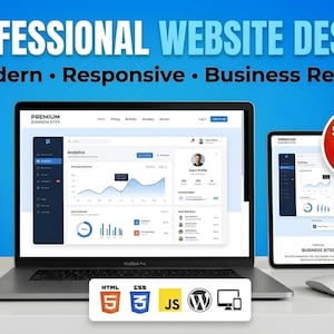 Può includere: Un laptop, un tablet e uno smartphone mostrano un design di sito web con grafici di analisi. L'immagine include il testo "PROFESSIONAL WEBSITE DESIGN" e "Modern, Responsive, Business Ready." Sono visibili anche icone di HTML, CSS, JS e WordPress.