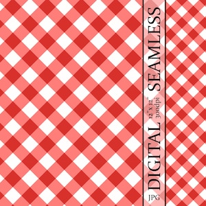 May include: Digital seamless pattern featuring a classic red and white gingham design. The pattern is composed of intersecting diagonal lines creating a checkered effect. The text "DIGITAL SEAMLESS" is displayed vertically, along with size and resolution details.