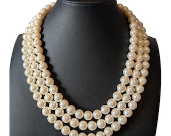 Vtg Classic Triple Strand Faux Pearl Necklace Gold Tone Box Claps Closure 17"