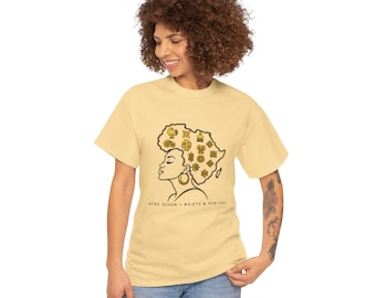 Afro Queen Profile with Africa Pattern T-Shirt | Black Culture Tee
