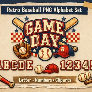Könnte beinhalten: Retro Baseball PNG Alphabet-Set mit Buchstaben, Zahlen und Cliparts. Das Design zeigt Baseballschläger, Bälle, Handschuhe und Kappen in Rot, Weiß und Blau. Die Worte "Game Day" sind prominent dargestellt.