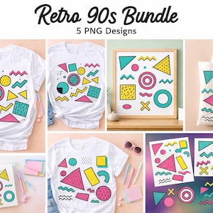 May include: A collection of retro 90s designs featuring geometric shapes in teal, pink, yellow, and black. The designs are displayed on white t-shirts, a tote bag, a framed print, and stationery. The text "Retro 90s Bundle" is at the top.