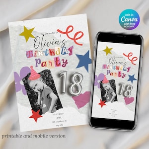 Puede incluir: Invitación de fiesta de cumpleaños con el texto "Olivia's Birthday Party" y el número "18". El diseño se muestra en una tarjeta impresa y un teléfono inteligente. La invitación incluye estrellas, confeti y una foto.