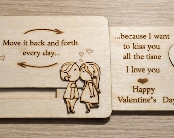Wooden Sliding Valentine’s Card – Move & Kiss Couple – Romantic Anniversary Gift – Laser Engraved Love Card