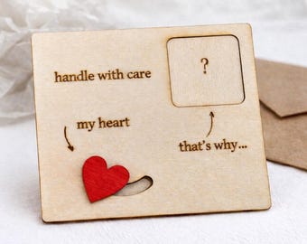 Laser Cut Wooden Valentine's Card – Sliding Heart Reveal Secret Message , Anniversary Gift