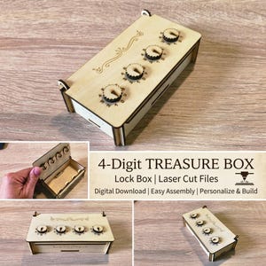 May include: A rectangular light-coloured wooden box featuring four circular rotating dials on the top lid, each marked with numbers zero through nine. The lid includes decorative scrollwork and the text 4-Digit TREASURE BOX Lock Box.