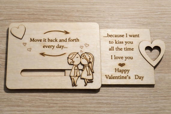 Wooden Sliding Valentine’s Card – Move & Kiss Couple – Romantic Anniversary Gift – Laser Engraved Love Card