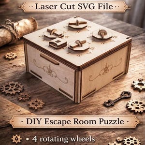 Scatola del tesoro con puzzle a 4 cifre - Scatola segreta - Scatola puzzle per escape room - Scatola regalo con serratura - File di taglio laser in compensato da 3 mm - Fai da te